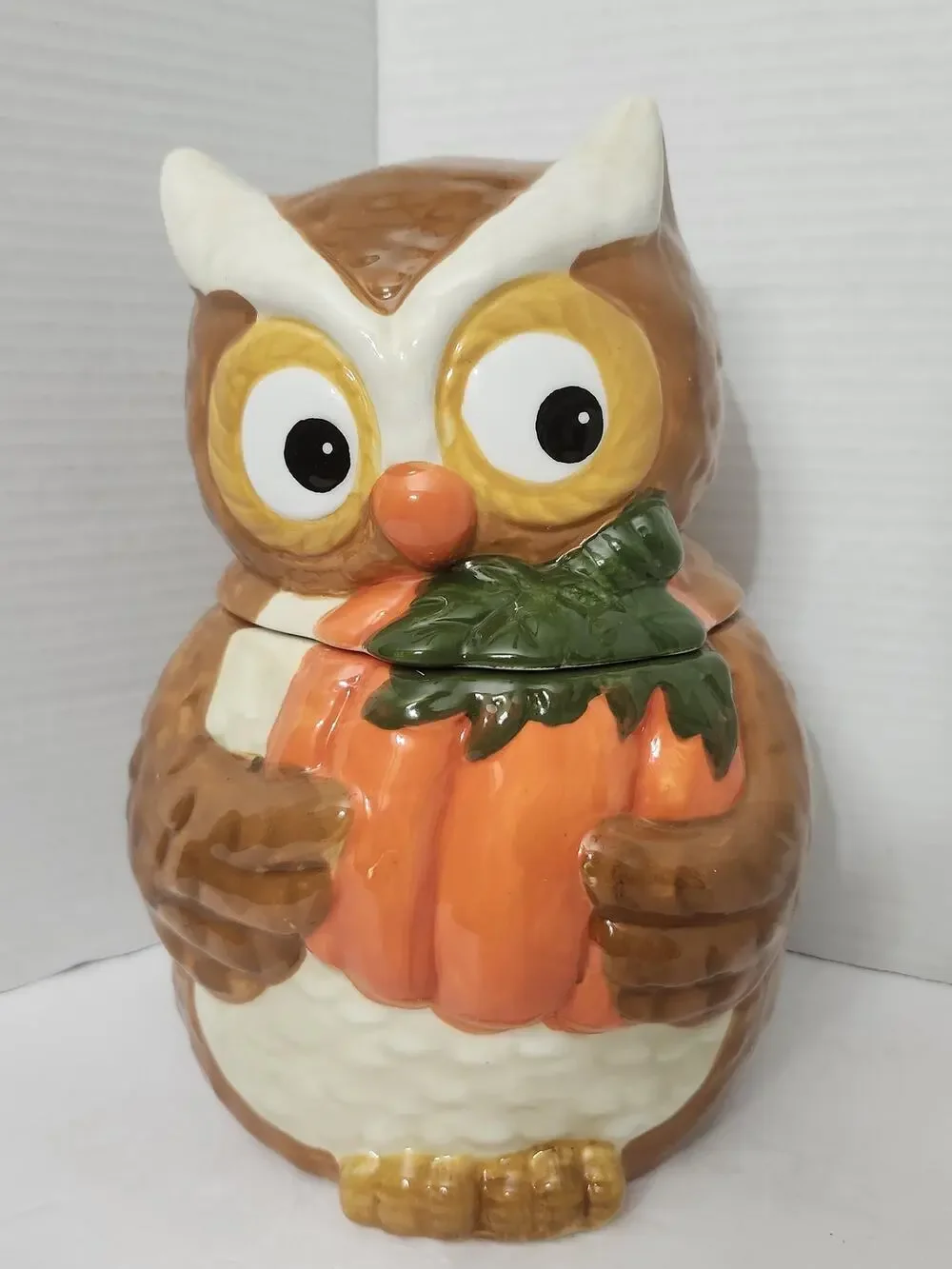 Autumn Owl Holding Pumpkin David's Cookies Ceramic Cookie Jar